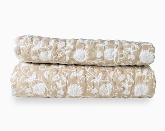 Edredón con estampado de petunia a mano / Ropa de cama de algodón Kantha, colcha floral, tamaños desde bebé hasta king