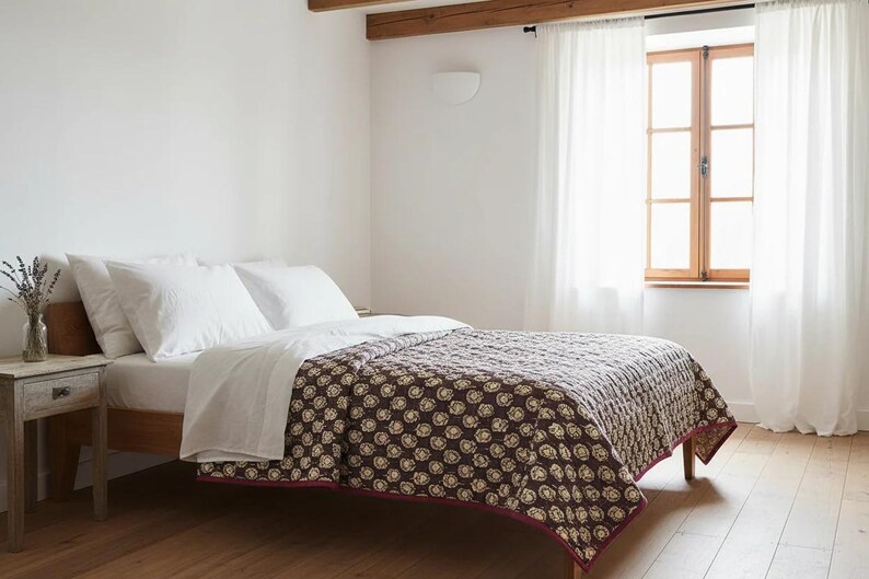Hand Block Printed Baby Quilt: Bluebell Buti Cotton Blanket, Floral Quilt, Reversible Quilt, Soft Quilt, Hand Quilted, Light Quilt image 2