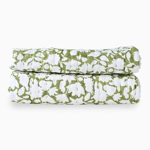 Larkspur Hand Block Printed Quilt | Cotton Coverlet Kantha Bedding, Floral Block Print Handmade Bedspread