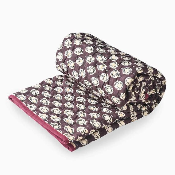 Hand Block Printed Baby Quilt: Bluebell Buti Cotton Blanket, Floral Quilt, Reversible Quilt, Soft Quilt, Hand Quilted, Light Quilt