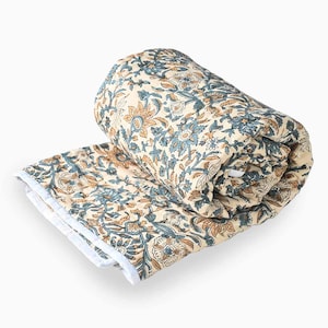 Lotus Hand Block Printed Quilt | Cotton Coverlet Kantha Bedding, Floral Block Print Handmade Bedspread, Floral Quilt, Cotton Quilt