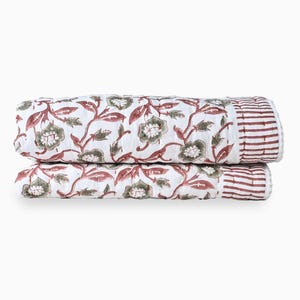 Calendula Hand Block Printed Quilt | Cotton Coverlet Kantha Bedding, Floral Block Print Handmade Bedspread