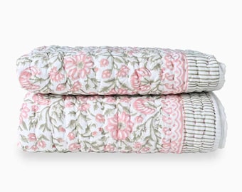 Yarrow Floral Hand Block Printed Quilt | Handmade Kantha Blanket, Thoughtful Home Gift, Artisan Cotton Quilt, Nursery Quilt, Cotton Quilt