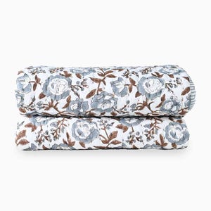 Wisteria Hand Block Printed Quilt | Floral Kantha Throw, Boho Cottage Quilt Decor, Artisan Cotton Bedspread