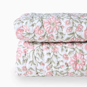 Yarrow Floral Hand Block Printed Quilt | Handmade Kantha Blanket, Thoughtful Home Gift, Artisan Cotton Quilt image 3