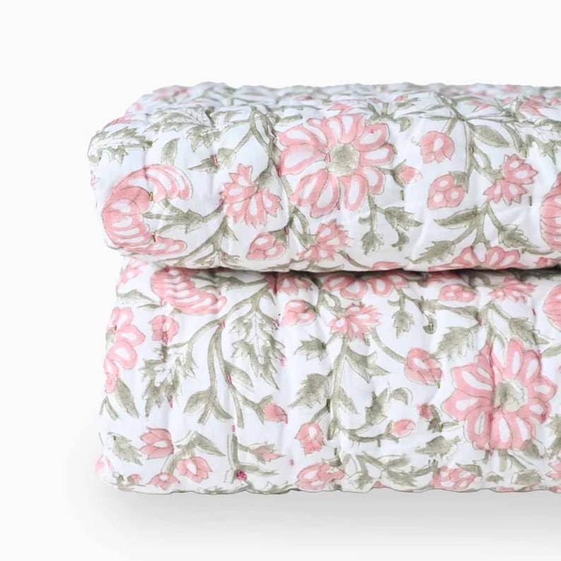 Yarrow Floral Hand Block Printed Quilt | Handmade Kantha Blanket, Thoughtful Home Gift, Artisan Cotton Quilt image 3