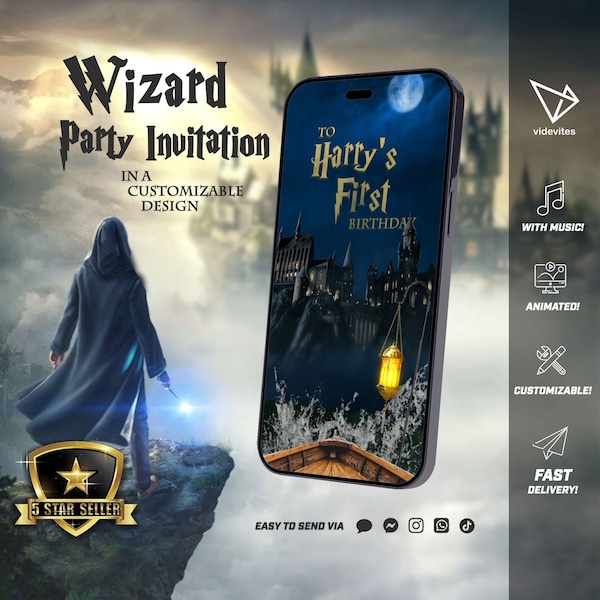 Animated Magical Potter Wizard Witch Video Invitation for Boys or Girls Birthday Party with photo option