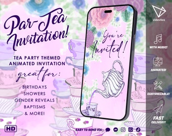 Fancy Tea Party Watercolor Par-Tea Birthday Shower Animated Video Flower Invitation Instant Download Phone Invitation Text Message Invite