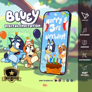 Animated Blue Dog Video Bluey Invitation for Boys or Girls Birthday Party Text Instant Download Invite with Photo Add On Purchase Option