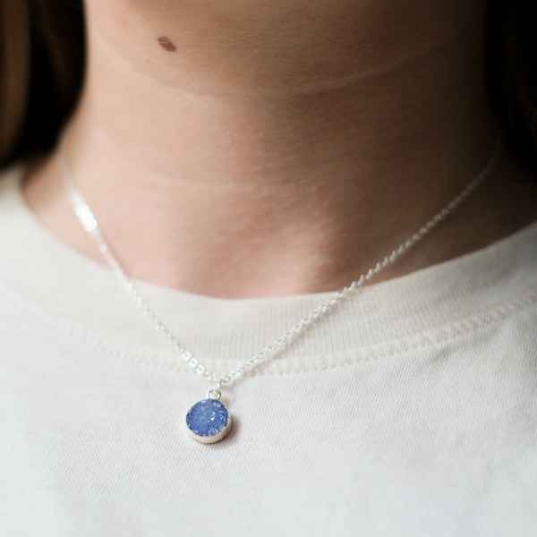 Silver Chain Druzy Pendant Necklace Choker Blue Gemstone Raw Natural Stone