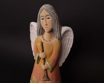 Hand Carved Wood Angel Sculpture: Guardian Angel Statue