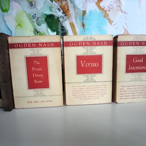 Conjunto de 3 libros de humor, poesía y comedia literaria de Ogden Nash, tapa dura roja vintage, DJ