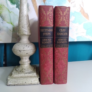 1936 Arnold Bennett 2 Book Antique Set CLAYHANGER and RICEYMAN STEPS The Literary Guild Red Black Gold Hardcover Decor Books Instant Library