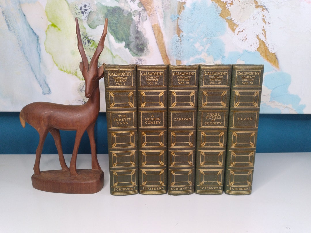 5 Book Antique Set Works by Galsworthy Compact Edition Green Gold Cloth ...