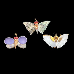 Vintage Set of 3 Handmade Butterfly Brooches Brass and Carved Seashell