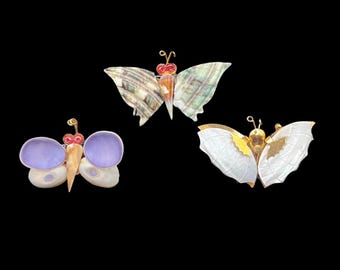 Vintage Set of 3 Handmade Butterfly Brooches Brass and Carved Seashell