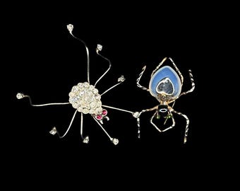 Vintage Set of 2 Spider Brooches Rhinestones and Moonstone