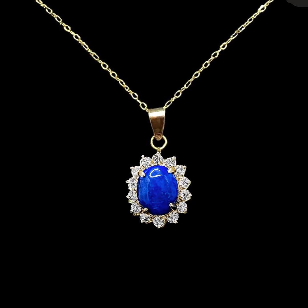 Vintage Blue Lapis Lazuli and Swarovski Crystal Pendant 18K Gold