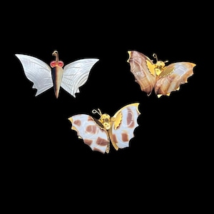 Vintage Set of 3 Handmade Butterfly Brooches Brass and Carved Seashell