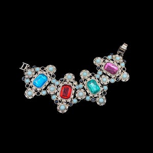 Vintage Art Nouveau Intricate Multi-colored Czech Glass Link Bracelet Pink Green Blue Red