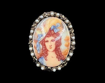 Vintage Porcelain French Provincial Brooch With Seed Pearl Frame and Pendant Bail