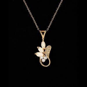 Vintage Opal Cabochon and Faux Diamond Pendant 18K Gold on 14K GF Chain