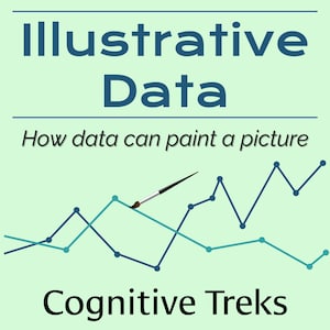 以下が含まれることがあります： Illustrative Data: データがどのように絵を描くことができるか。青とターコイズブルーの折れ線グラフの上に絵筆が置かれています。画像の下部に「Cognitive Treks」というテキストがあります。