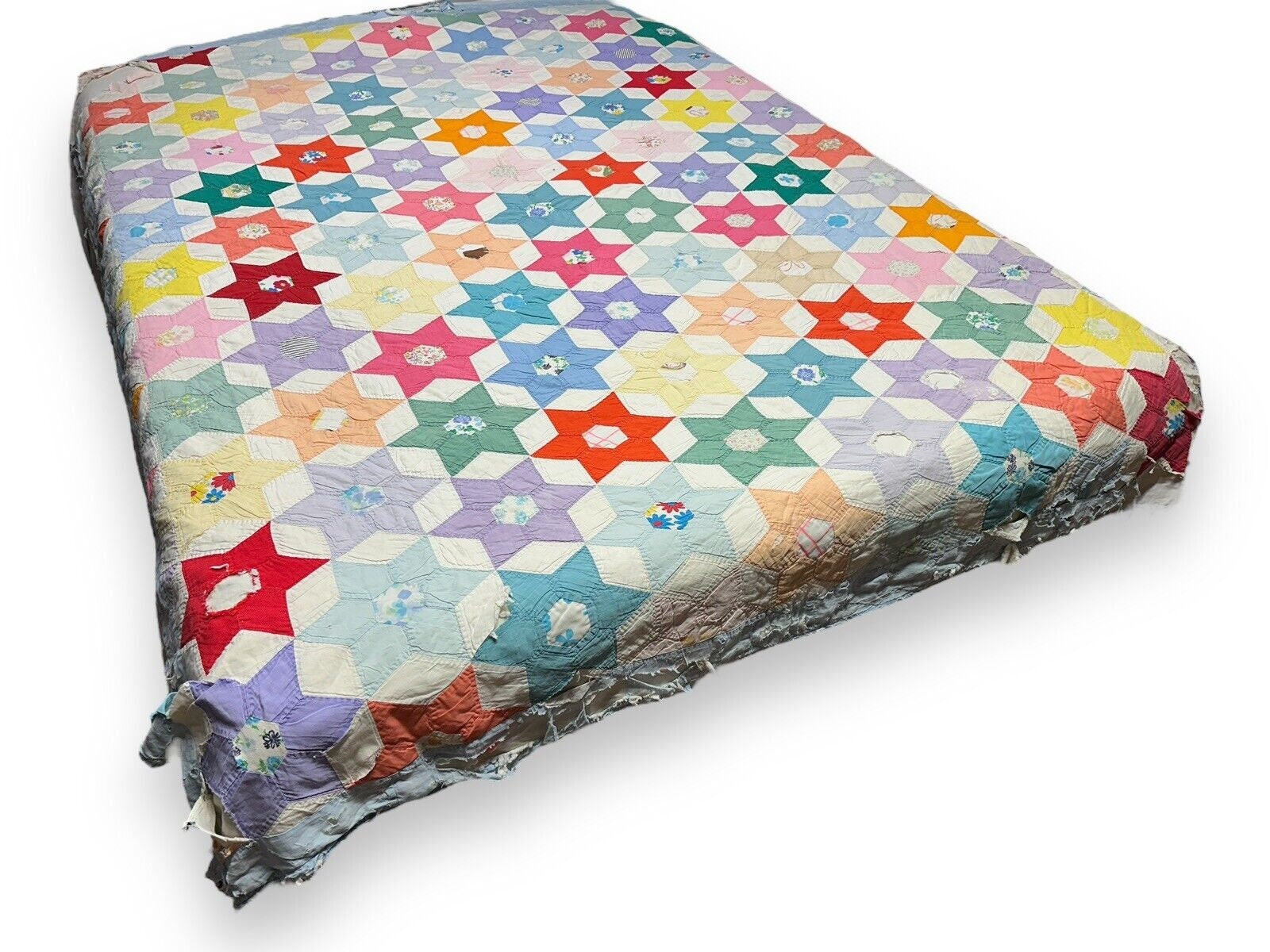 Vtg Multicolor 6 Point Star Quilt Diamond Hand Pieced Sewn Distressed For Repair
