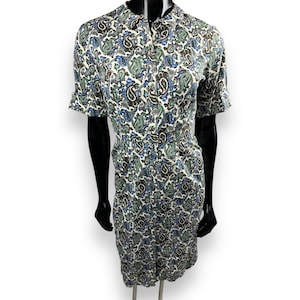 Vtg Cos Cob Peter Pan Collar Shirt Dress Blue Green Brown Paisley Junior Petite