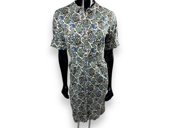 Vtg Cos Cob Peter Pan Collar Shirt Dress Blue Green Brown Paisley Junior Petite
