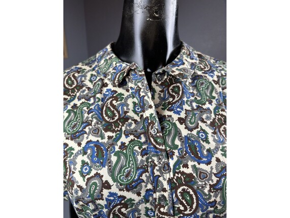 Vtg Cos Cob Peter Pan Collar Shirt Dress Blue Green Brown Paisley Junior Petite View 4