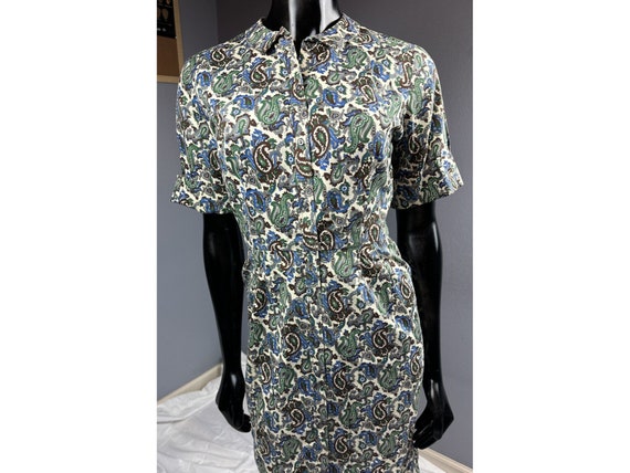 Vtg Cos Cob Peter Pan Collar Shirt Dress Blue Green Brown Paisley Junior Petite View 3