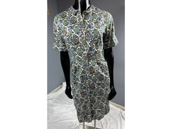 Vtg Cos Cob Peter Pan Collar Shirt Dress Blue Green Brown Paisley Junior Petite View 2