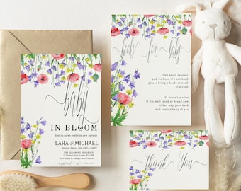 Baby Shower Bundle, Wildflower Baby in Bloom Invitation, Baby Shower Invitation, Books for Baby Card, Diaper Raffle, TEMPLETT• BWF.