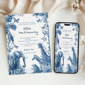 Blue Toile Safari Baby Shower Invitation Boy/Girl Jungle Animals Theme Editable Template | Elephant Lion Giraffe Printable Instant Download