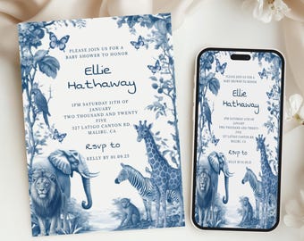Invitación de baby shower de safari con tema de animales de la selva para niño o niña, plantilla editable, elefante, león, jirafa, descarga instantánea imprimible