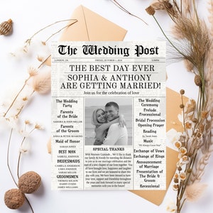Newspaper Wedding Program Template, Editable Wedding Newspaper Program, Printable Wedding Infographic, Folded Wedding Day Program, Crossword