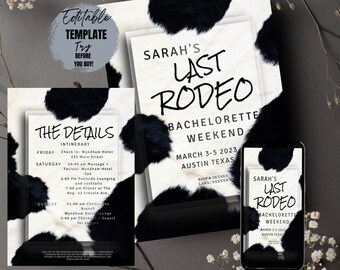 Last Rodeo Bachelorette Invitation Template | Cowgirl Bachelorette Invite & Weekend Itinerary, Digital Intinerary, Instant Download, rodeo