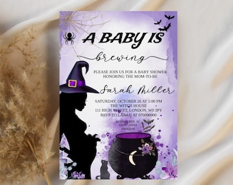 Editable A Baby is Brewing Purple Halloween Baby Shower Invitation Bundle, Halloween Baby Shower Invite, Witch Baby Shower,