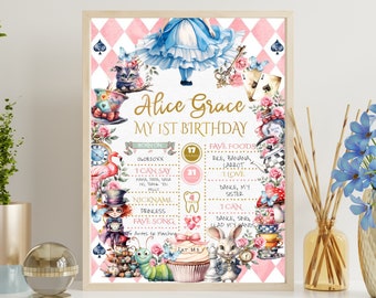 Wonderland mijlpaalbord, Alice in Onederland verjaardagsbord, afdrukbare Mad Tea Party, roze BEWERKBARE SJABLOON, 1e verjaardag