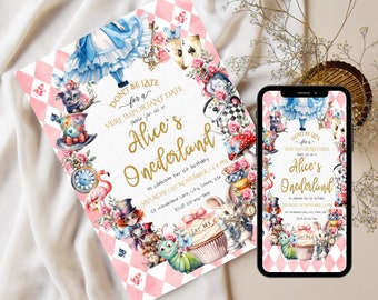 Wonderland Invitation Template, Alice in Onederland 1st Birthday Invite, Mad Tea Party, EDITABLE Printable Instant Download