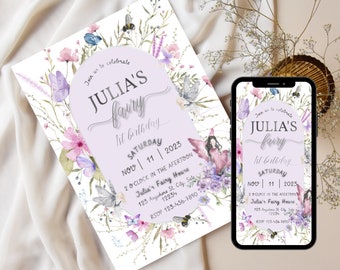 Editable Fairy 1st Birthday Invitation Enchanted Fairy First Birthday Garden Party Printable Invite Muted Blush Boho Wildflower Download