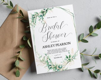 Greenery Bridal Shower Invitation template, Geometric Invitation Printable, Greenery Bridal Shower Invite, Edit with TEMPLETT, GWT.