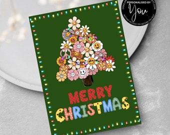 Retro Christmas Tree Card Template Green Christmas Tree Card Retro Christmas Card | Vintage  Happy Holidays Merry Christmas Digital Card