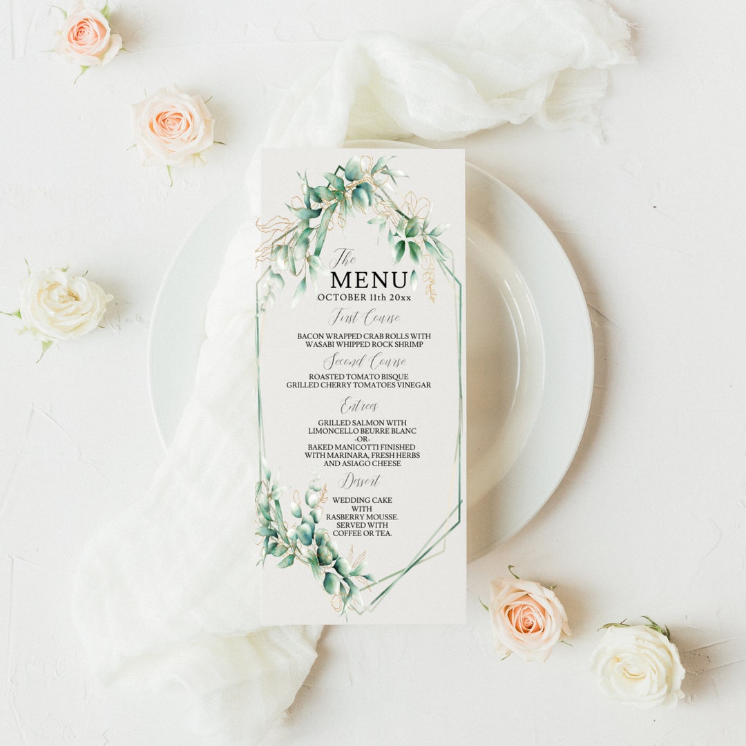 Greenery Wedding Menu Template, Boho Printable Menu Card, 3.75x9", 4x8 ...