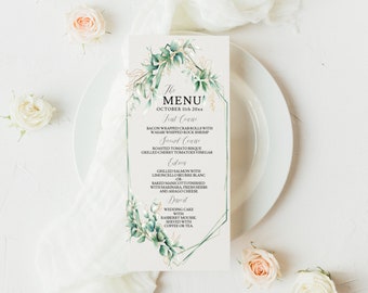 Greenery Wedding Menu Template, Boho Printable Menu Card, 3.75x9", 4x8", Wedding Menu Printable, Edit with TEMPLETT, GWT