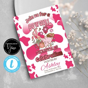 Roze Cowgirl Christmas Party uitnodiging sjabloon, Pink Christmas Cowgirl Party, Rodeo Christmas Girl Party, Let's Go Girls, Kerstmis 2024