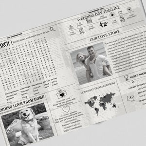 Newspaper Wedding Program Template, Editable Wedding Newspaper Program, Printable Wedding Infographic, Folded Wedding Day Program, Crossword