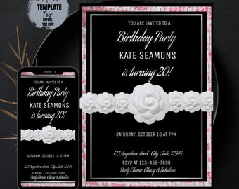 Designer Couture Boucle Birthday Party Invitation Template, Camellia Flower Invitation, Instant Download, Fully Editable Template, Printable