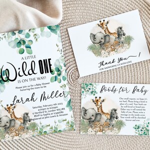 Bearbeitbares Grün Safari Dschungel Baby-Dusche-Einladungs-Bundle, Wild One Baby Shower Invite Pack, Grün Safari-Tiere-Baby-Dusche • SBS1